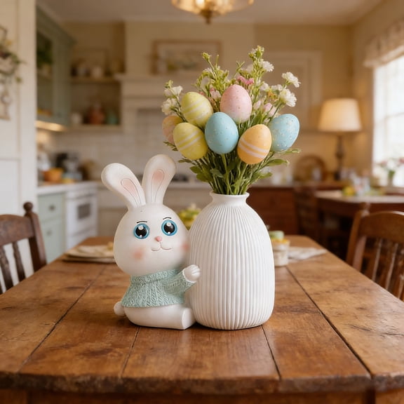 Giunmcul Easter Resin Bunny Figurine 14.5x12cm with Vase Flower Arrangement Creative Home Dried Flower Decoration White Red