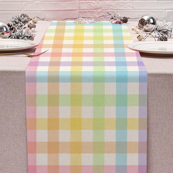 Giunmcul Easter Table Runner Linen Look Printed Table Flag Plaid Pattern for Dining Table Coffee Table Spring Party Decor Multiple Sizes 1 Piece XL