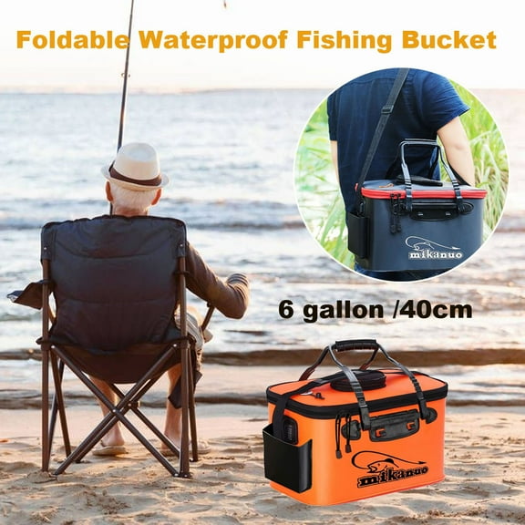 Giunmcul Foldable EVA Fishing Bucket Live Fish Container Bag with Steel Ring Mesh Lid Side Pocket and Handle for Camping Boating Bait Storage Black Orange 1 Pc