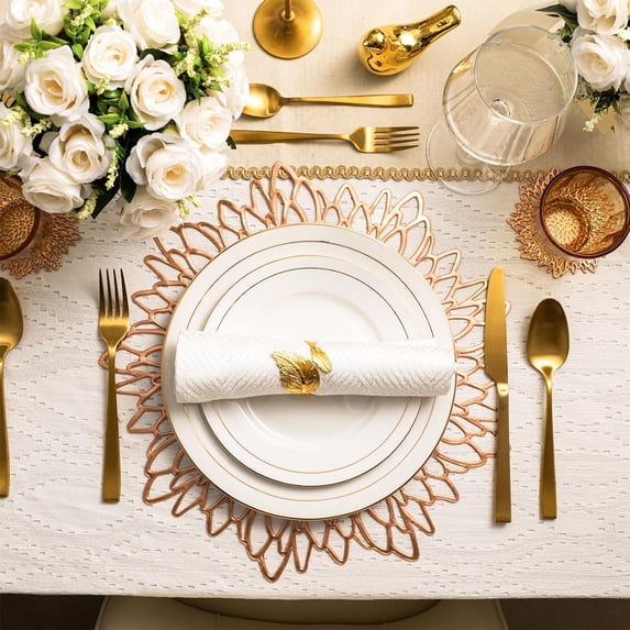 Giunmcul Hibiscus Flower Hollow Placemat 15 Inch Large Round Vinyl Table Mat for Wedding Centerpiece Home Kitchen Holiday Party Waterproof Easy Clean Elegant Decorative Red Gold