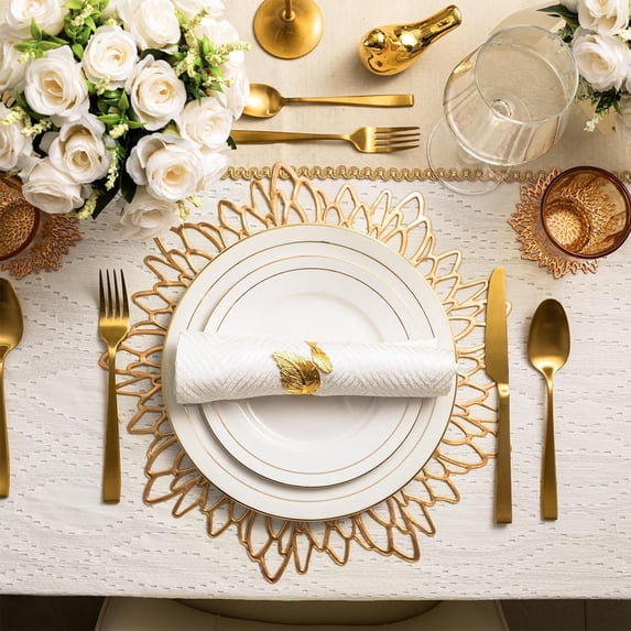 Giunmcul Hibiscus Flower Hollow Placemat 15 Inch Large Round Vinyl Table Mat for Wedding Centerpiece Home Kitchen Holiday Party Waterproof Easy Clean Elegant Decorative Red Gold