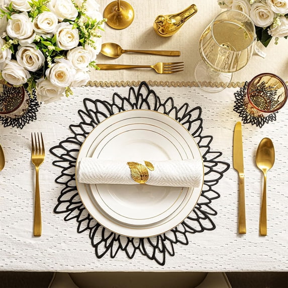 Giunmcul Hibiscus Flower Hollow Placemat 15 Inch Large Round Vinyl Table Mat for Wedding Centerpiece Home Kitchen Holiday Party Waterproof Easy Clean Elegant Decorative Red Gold