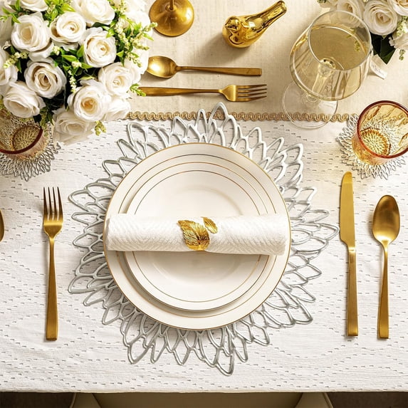 Giunmcul Hibiscus Flower Hollow Placemat 15 Inch Large Round Vinyl Table Mat for Wedding Centerpiece Home Kitchen Holiday Party Waterproof Easy Clean Elegant Decorative Red Gold