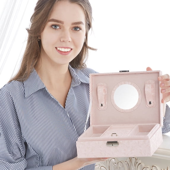 Giunmcul Holiday Jewelry Box with Lock and Mirror Jewelry Organizer Storage Case with 2-Layers Display for Earrings Bracelets Rings Watches