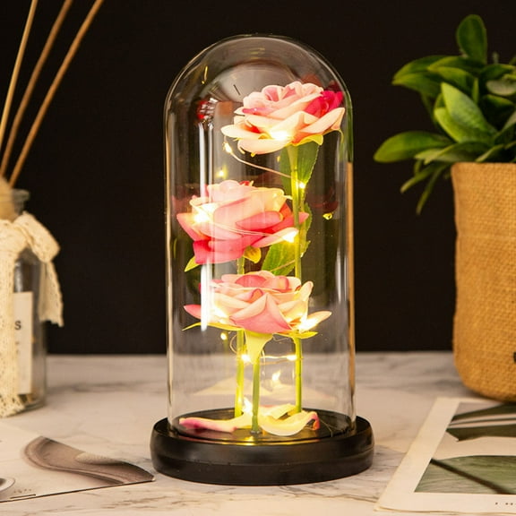 Giunmcul LED Glass Dome Rose Lamp with 3 Artificial Roses - Romantic Valentine's Night Light Decorative Table Lamp - Battery Operated Glass Cover - 21 CM Height - Gift for Her