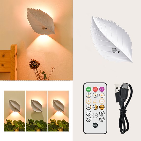 Giunmcul Leaf Shaped Magnetic Motion Sensor LED Night Light with Remote Dimmable Wireless Self Adhesive Bedside Wall Lamp Rechargeable Battery and USB Option 16 x 9.1 x 3.85 cm