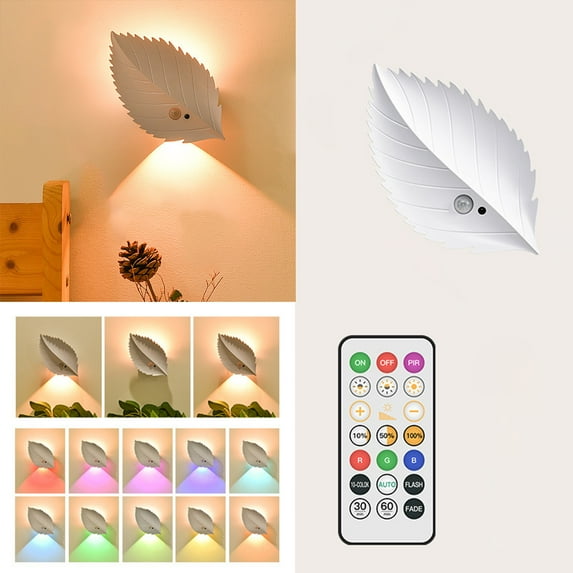 Giunmcul Leaf Shaped Magnetic Motion Sensor LED Night Light with Remote Dimmable Wireless Self Adhesive Bedside Wall Lamp Rechargeable Battery and USB Option 16 x 9.1 x 3.85 cm