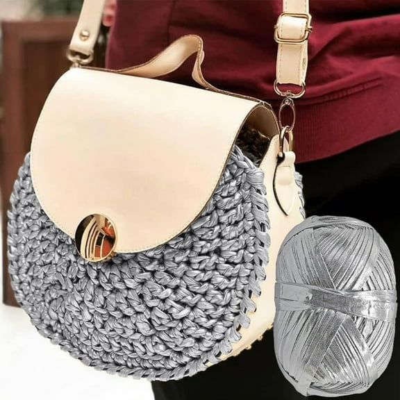 Giunmcul Metallic Texture Cloth Strips 50 Yards 148ft Thick Yarn Knitting Crochet Blanket Bags DIY Weaving Polyester Silver