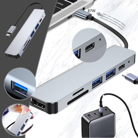 Giunmcul Online Shopping 6-in-1 Type-C Network Hub Multi-Splitter Adapter with + PD + SD + TF + USB3.0 + USB2.0 for PC Computer Accessories