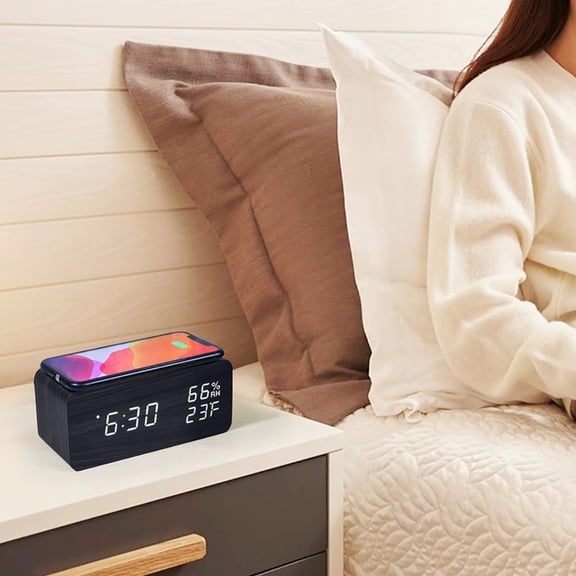 Giunmcul Online Shopping Digital Alarm Clock with Wireless Charging Digital Temperature Humidity Monitor Three Alarms Snooze Alarm