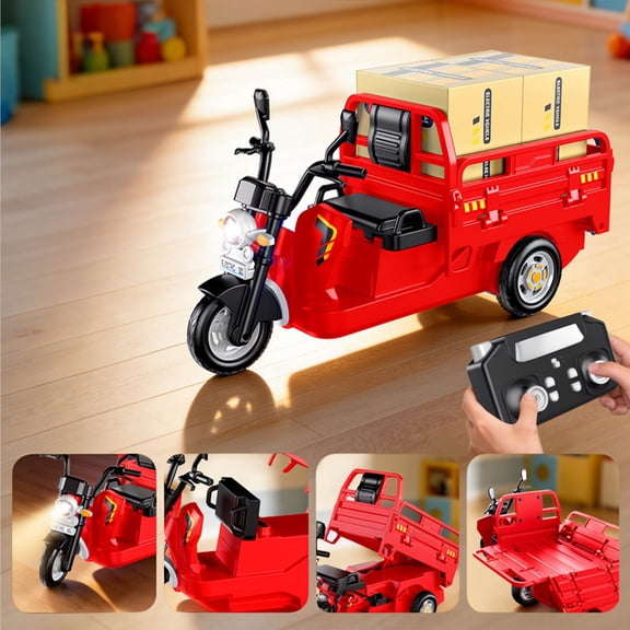 Giunmcul Remote Control Cargo Tricycle Toy with Lights and Sounds 2.4G RC Three Wheel Delivery Vehicle High Low Speed Control Alloy Model Kids Gift Red Blue Size 6.29 x 5.51 x 3.54 in