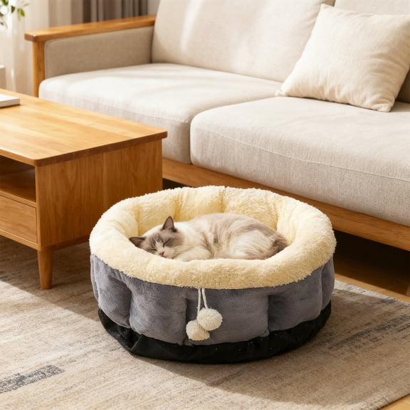 Giunmcul Round Calming Pet Bed Plush Faux Fur Donut Cuddler Bed Warm Soft Sleeping Bed for Small Medium Large Dogs and Cats Non Slip Base Washable 1 Pack 15.7in
