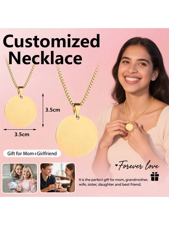 Stainless Steel Round Personalized Engraved Necklace Custom Photo Text Jewelry Valentines Christmas Gift Keepsake 2-3.5cm Pendant 50cm Chain