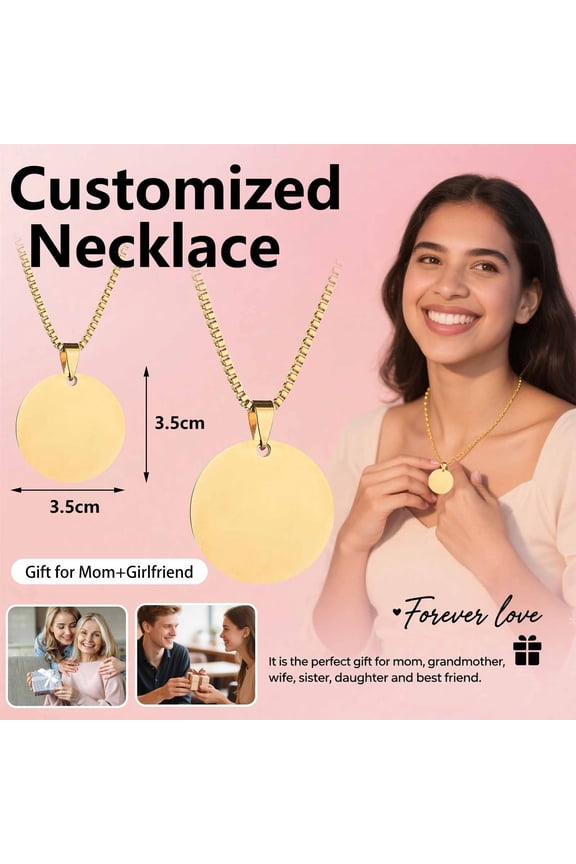 Stainless Steel Round Personalized Engraved Necklace Custom Photo Text Jewelry Valentines Christmas Gift Keepsake 2-3.5cm Pendant 50cm Chain