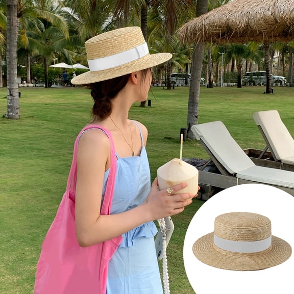 Giunmcul Straw Sun Hat Flat Top Beach Hat for Women Summer Wide Brim Woven Boater Cap for Seaside Travel Vacation Sun Protection 22.04 to 22.83 In