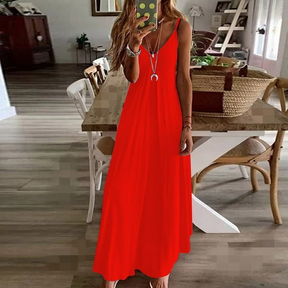 pimelu Summer Dresses for Women Casual Floral Print Spaghetti Strap Long Maxi Beach Party Sundresses Sleeveless Plus Dresses V Neck Sun Dress Wedding Guest
