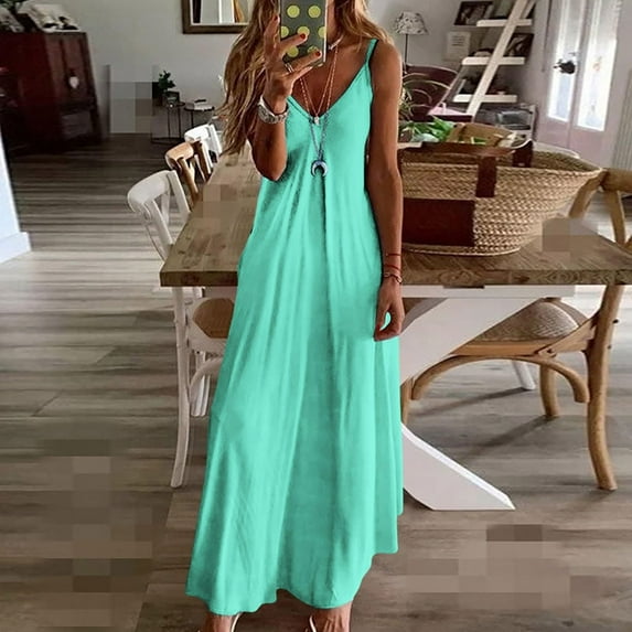 pimelu Summer Dresses for Women Casual Floral Print Spaghetti Strap Long Maxi Beach Party Sundresses Sleeveless Plus Dresses V Neck Sun Dress Wedding Guest