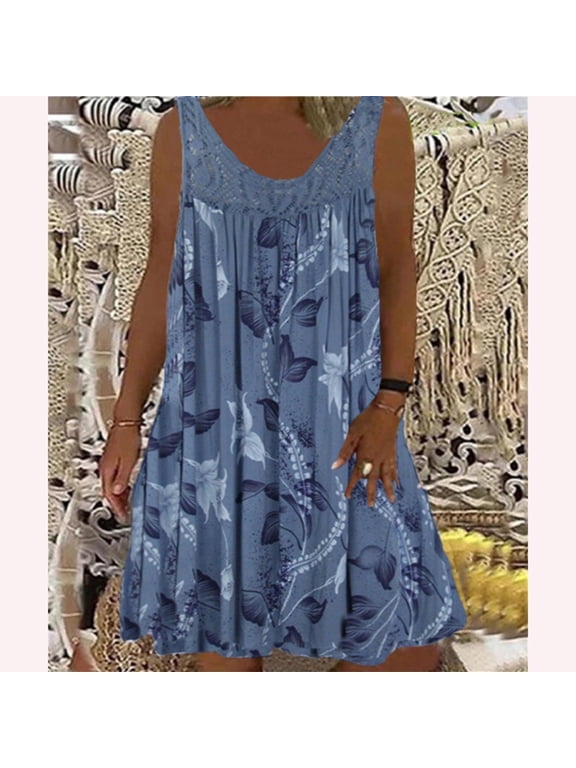 Giunmcul Sundresses for Women Casual Beach - Boho Dress for Women Round Neck Sleeveless Plus Size Floral Pleated Mini Sun Dresses Vintage Flowy Swing Beach Dress Fashion