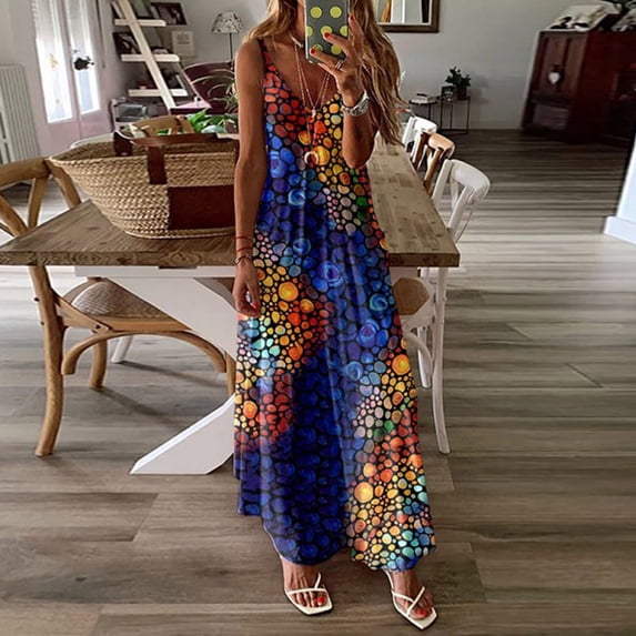 Giunmcul Sundresses for Women Casual Beach - Maxi Shirt Dresses for Women V Neck Sleeveless Ethnic Tie Dye Sling Flowy Boho Casual Bridesmaid Holiday Sun Dress