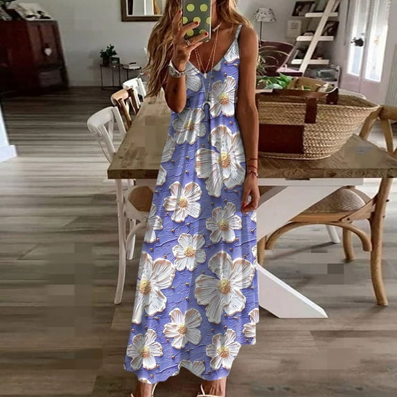 Giunmcul Sundresses for Women Casual Beach - Maxi Shirt Dresses for Women V Neck Sleeveless Ethnic Tie Dye Sling Flowy Boho Casual Bridesmaid Holiday Sun Dress