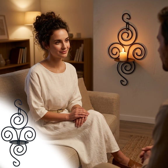 Giunmcul Wall Mounted Iron Candle Holder Scroll Design Wrought Iron Candlestick with Drip Tray for Living Room Hallway Wedding Party Decor 1 Piece