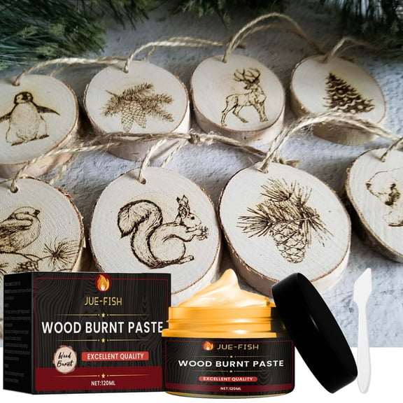 Giunmcul Wood Burning Paste Pyrography Gel Kit 120 ml Complete DIY Set with Scraper Template Sticker Paint Brush and Instructions Fast Curing Wood Burning Paste for Crafts and Personalized Gifts