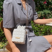 Giunmcul up to 50% Off Fashion Women Leather Checker Pattern Drawstring Chain Shoulder Crossbody Messenger Bag Casual Ladies Solid Color Small Purse