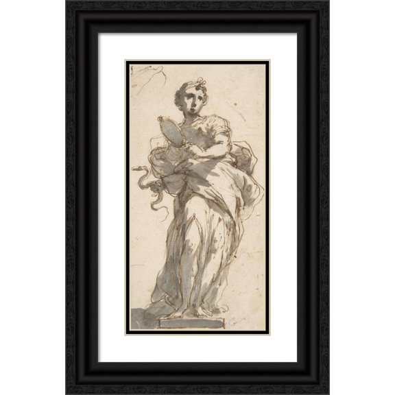 Giuseppe Bernardino Bison 14x24 Black Ornate Framed Double Matted Museum Art Print Titled: Design for a Statue of Prudence with Sketches at Upper Left Corner