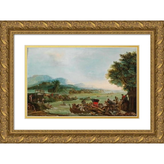 Giuseppe Bernardino Bison 18x13 Gold Ornate Wood Frame and Double Matted Museum Art Print Titled - The Flooding of the Tagliamento River