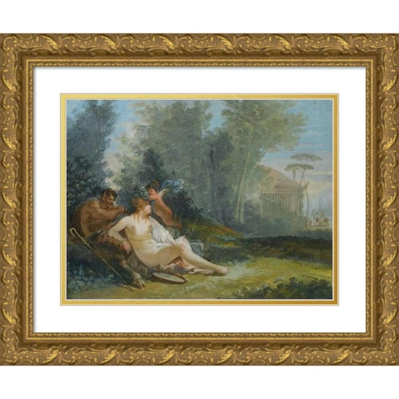 Giuseppe Bernardino Bison 24x18 Gold Ornate Framed and Double Matted Museum Art Print Titled - Venus and Cupid with a Satyr In a Classical Landscape