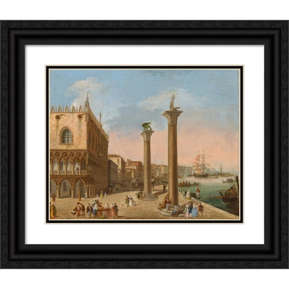 Giuseppe Bernardino Bison 24x20 Black Ornate Framed Double Matted Museum Art Print Titled: The Molo Towards the Riva Degli Schiavoni, Venice