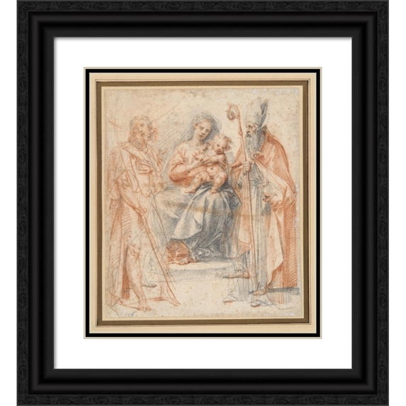 Giuseppe Cesari 20x22 Black Ornate Framed Double Matted Museum Art Print Titled: Madonna and Child with St. John the Baptist and St. Augustine