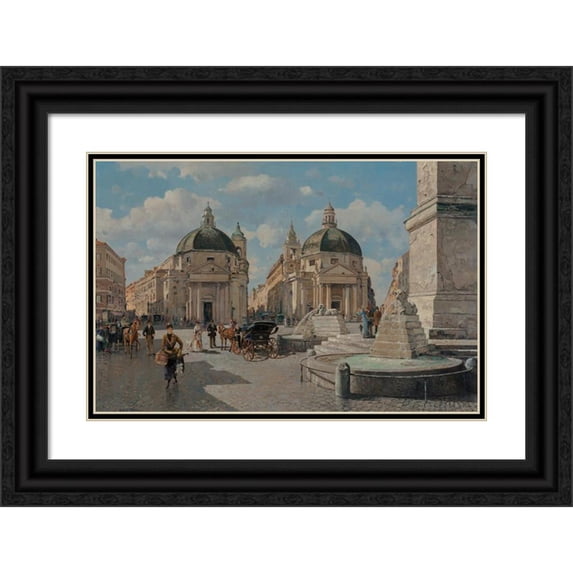 Giuseppe De Winter 24x17 Black Ornate Framed Double Matted Museum Art Print Titled: Rome, Tourists in Piazza Del Popolo