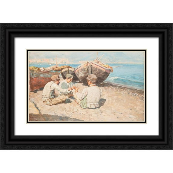 Giuseppe Giardiello 24x16 Black Ornate Framed Double Matted Museum Art Print Titled: Fisher Boys by the Beach of Naples