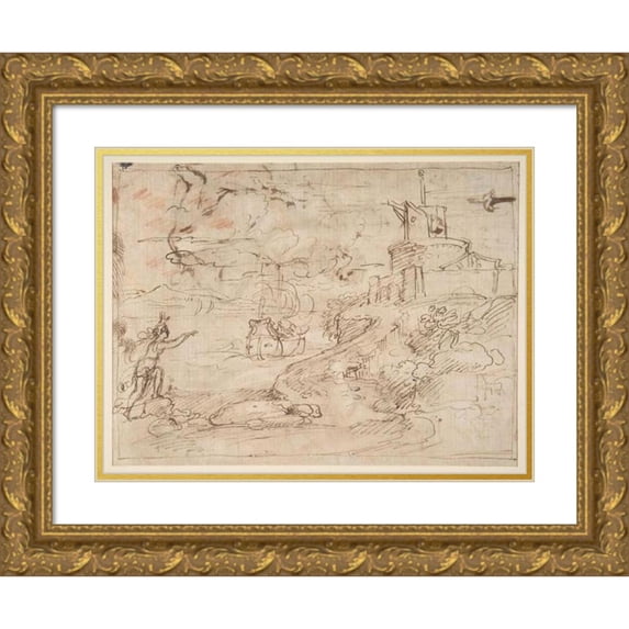 Giuseppe Passeri 14x11 Gold Ornate Wood Frame and Double Matted Museum Art Print Titled - Figure Waving to Departing Ship