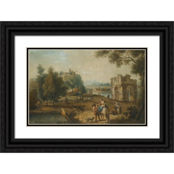 Giuseppe Zais 14x11 Black Ornate Wood Framed Double Matted Museum Art Print Titled: A Landscape with a Roman Ruin and Figures Resting Beside a Stream