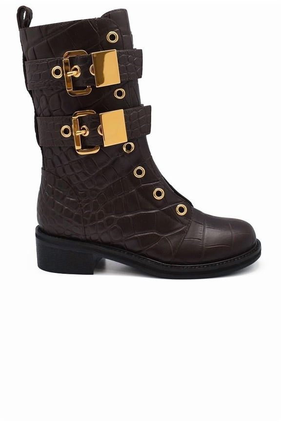 Textured Crocodile Pattern Leather Boots Black (Women's)