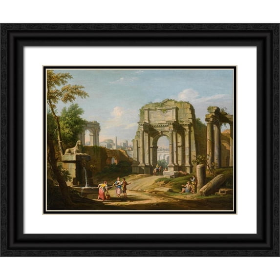 Giuseppe Zocchi 24x19 Black Ornate Framed Double Matted Museum Art Print Titled: Architectural Capriccio with Ancient Ruins, a Sphinx and Figures by a Fountain