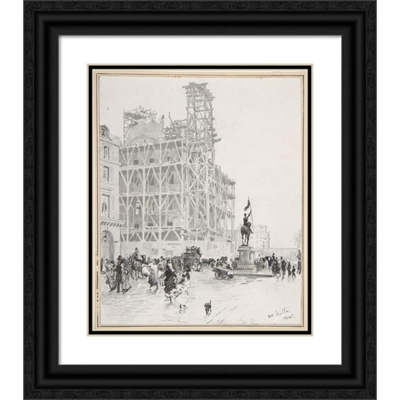 Giuseppe De Nittis 12x14 Black Ornate Wood Framed Double Matted Museum Art Print Titled: Place Des Pyramids, Paris (ca. 1883)