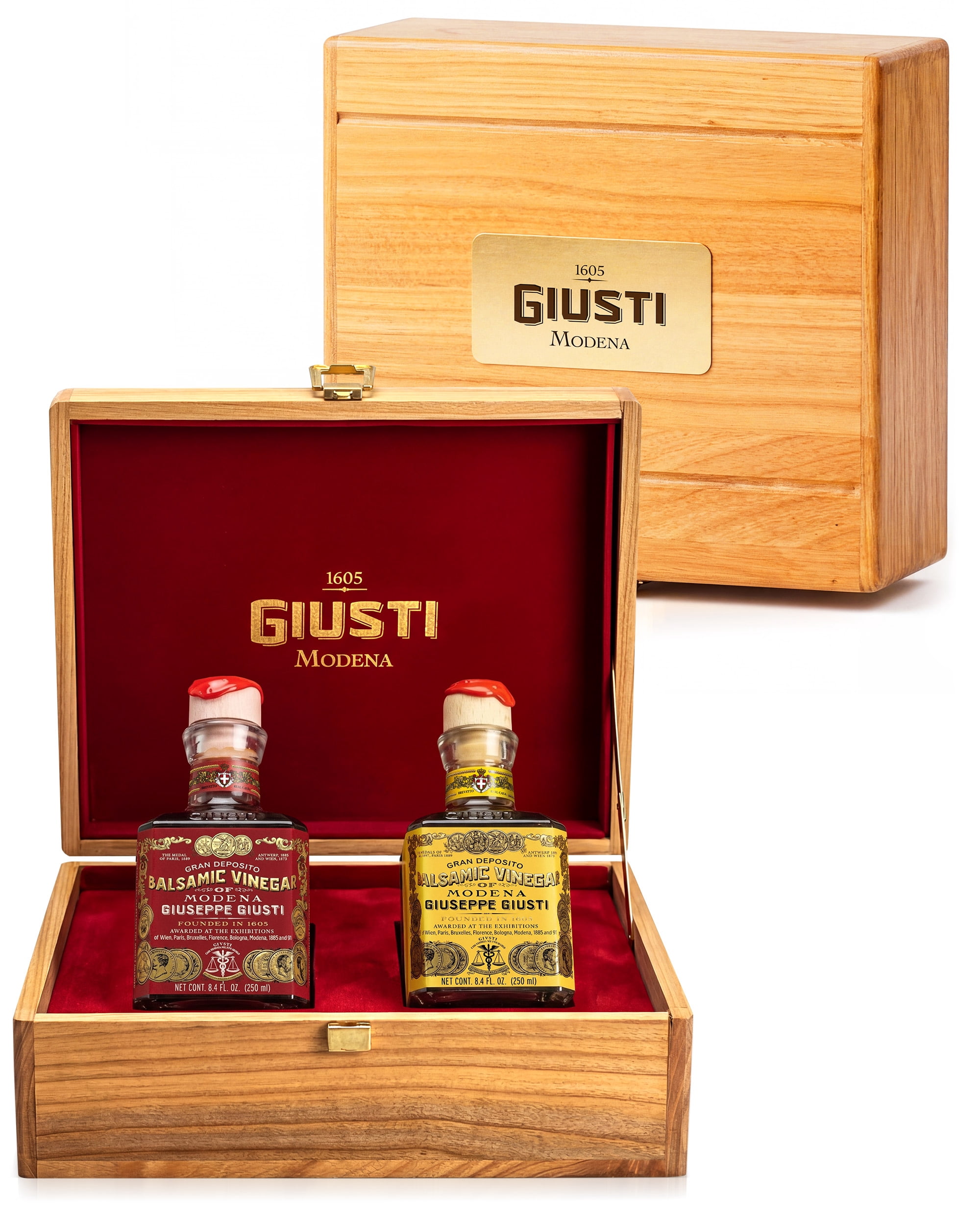 Giusti Balsamic Vinegar of Modena Duo Set – 3 & 4 Gold Medals Gran Deposito and Quarto Centenario, Wooden Gift Box of Aceto Balsamic di Modena IGP, Made in Italy – 2 x 8.45 fl oz