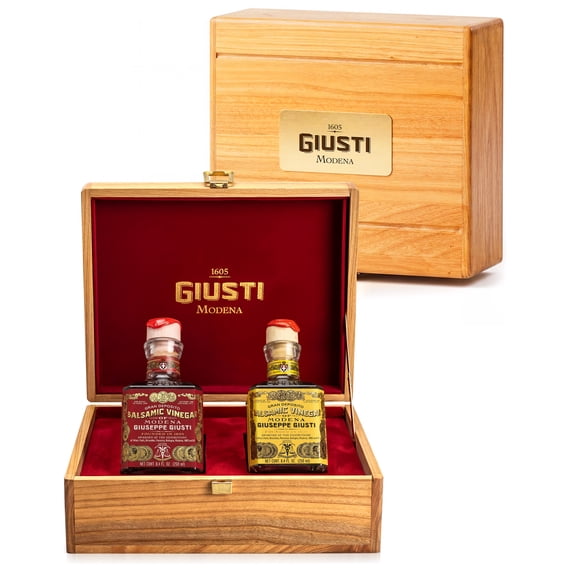 Giusti Balsamic Vinegar of Modena Duo Set 3 & 4 Gold Medals Gran Deposito and Quarto Centenario, Wooden Gift Box of Aceto Balsamic di Modena IGP, Made in Italy 2 x 8.45 fl oz