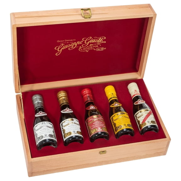 Giusti Balsamic Vinegar of Modena IGP Historical Collection  5 Bottles Matured at Various Levels in a Wooden Box, Authentic Aceto Balsamico di Modena Gift Set from Italy  5 x 3.38 fl oz (5 x100 ml)