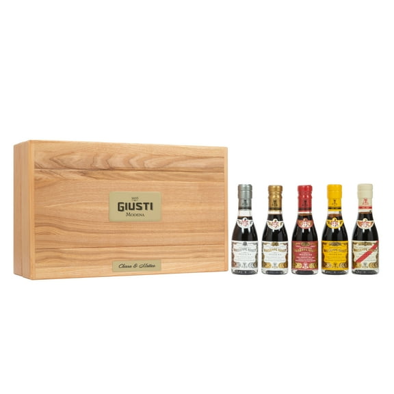 Personalized Giusti Historical Collection of 5 Italian Balsamic Vinegars with Wood Gift Box Made in Modena, Italy - Award-Winning, Aged, Gourmet Vinegar - 100 ml Bottles - Custom Engraving