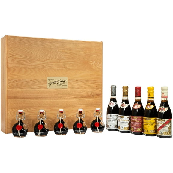 Giusti - Scrigno - Complete Collection Premium Balsamic Vinegars of Modena and Single-Woods Condiments - Wooden Gift Case - 5x 250ml and 5x 40ml