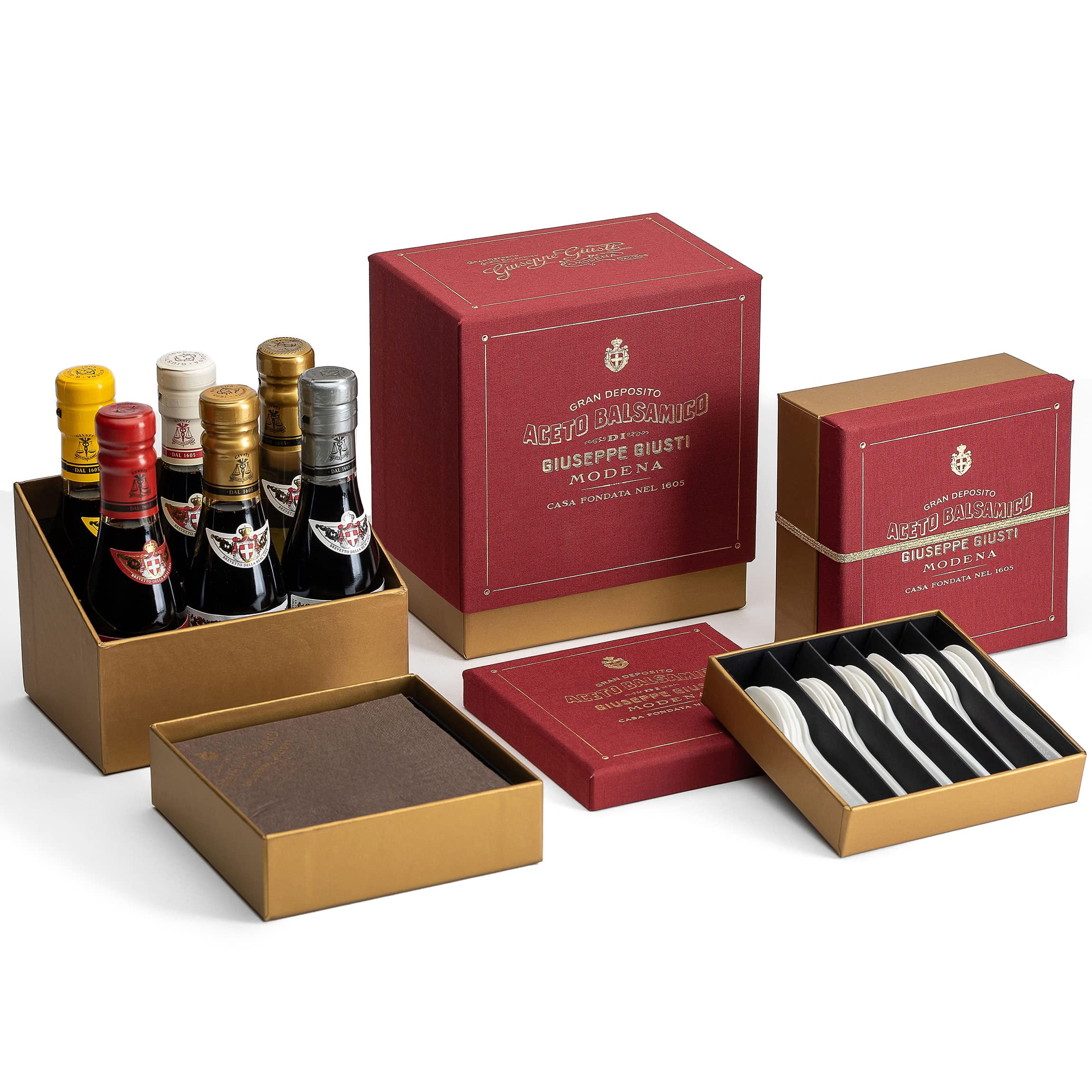 Giusti - Tasting Set - Balsamic Vinegar of Modena Historical Collection and White Condiment - Includes Spoons and Napkins - 6x 100ml