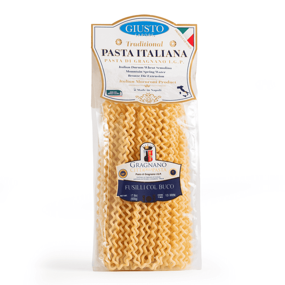 Giusto Sapore Fusilli Col Buco Pasta Gragnano IGP, Imported Italian Artisan Dry Pasta, Hollow Spiral Strands, 17.6 oz (500g)