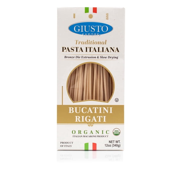 Giusto Sapore Organic Bucatini Rigati Pasta, Imported Artisanal Gourmet Dry Pasta, Ridged Hollow Round Strands, 12oz (340g)