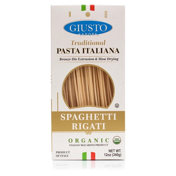 Giusto Sapore Organic Spaghetti Rigati Pasta, Imported Artisanal Gourmet Dry Pasta, Ridged Firm Round Strands, 12oz (340g)