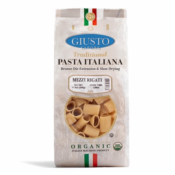 Giusto Sapore Organic Mezzi Rigatoni Pasta, Imported Italian Artisanal Gourmet Dry Pasta, Ridged Tube Shape, 17.6 oz (500g)