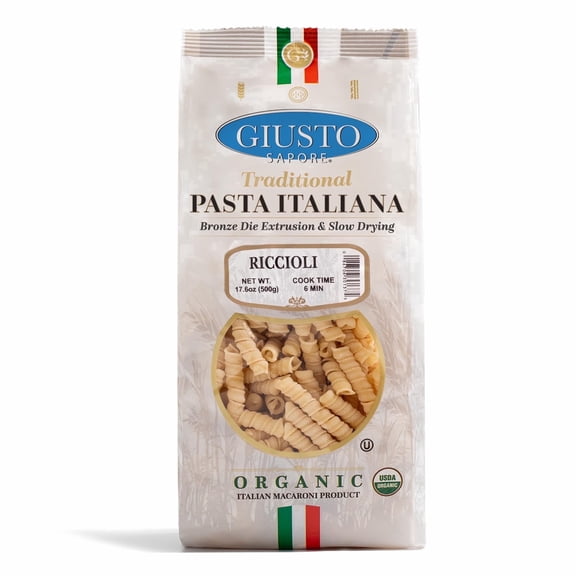 Giusto Sapore Organic Riccioli Pasta, Imported Italian Artisanal Gourmet Dry Pasta, Curly Ridged Shape, 17.6 oz (500g)